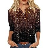 JEUROT Women's Casual 3/4 Sleeve T-Shirts 2025 Spring Print Henley V Neck Tops Loose Fit Three Quarter Sleeve Tshirts Plus Size Casual Tees Blouse Boho Fashion Clothes(d-Brown, S)