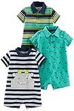 Simple Joys by Carter's Baby Boys' 3-Pack Rompers, Green Dinosaur/Navy Stripe/Yellow Stripe, 3-6 Months