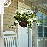 Faux Flowers White Geranium Hanging Natural and Lifelike Floral Arrangement with Basket for Home or Office by Pure Garden