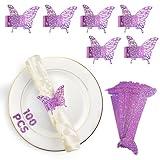 100 Pcs 3D Purple Sequined Butterfly Napkin Rings Silverware Wraps Bands,Iridescent Table Setup Wedding Valentines Day Event Party Supply Table Settings, Glossy Serviette Buckles Decor（Purple）