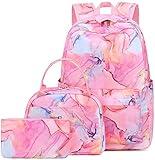 Bluboon Teen Girls School Backpack Kids Bookbag Set with Lunch Box Pencil Case Travel Laptop Backpack Casual Daypacks (Marble Pink-Blue)