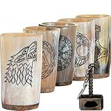 FENRIR Viking Drinking Horn Mug Set of 5 | Easter Special Viking Gifts for Men & Women | Bottle Opener | Natural Ox Horn Viking Cups | Norse Shot Glasses Set To Drink Ale, Beer, Mead | 10 Oz/Glass