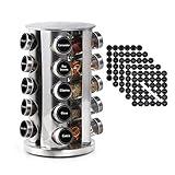DOUBLE 2 C Revolving Spice Rack with 20 Jars, Rotating Spice Rack Organizer, Seasoning Organizer with Labels, Stainless Steel Spice Carousel for Kitchen Countertop, Cabinet