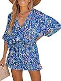 CUPSHE Women's Summer Romper V Neck 3/4 Sleeve Loose Drawstring Vacation Mini Jumpsuit Wide Leg Outfit Blue, M