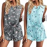 Ekouaer 2 Pack Women’s Pajama Set Print Sleepwear Tank Tops and Ruffled Shorts with Pockets Soft Loungewear Sets Outfits