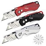 KATA 3-Pack Heavy Duty Box Cutter Folding Utility Knife With Zinc Alloy Body, Quick Change Blades, Lock-Back Design, Extra 12pc Blades For Cartons, Cardboard and Boxes