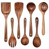 Wooden Non-Stick Kitchen Pan Toolset 7 Pieces Set,100% Natural Teak Kitchen Utensils Spatula, Wooden Cooking Utensils Spoons, Fried Spatula and Salad Fork
