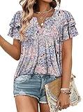 Women's Loose Casual Tunic Top Boho Beach Basics T Shirts Elegant V Neck Short Sleeve Blouse 2025 Summer Apricot Ditsy Floral Dressy Pleated Tops Versatile Tees M