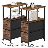 TUTOTAK Small Narrow End Table with Charging Station, Set of 2, Side Table with Outlets, Nightstand with 2 Cloth Drawers, Couch Table, for Living Room, Bedroom, Bedside, Brown TB01BB055