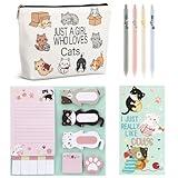 MotiMind 6 Pcs Cute Cat Stationery Set Back to School Supplies Pens Sticky Notes Makeup Bag Pencil Pouch for Girls Women Cat Lovers Gifts School Office Supplies