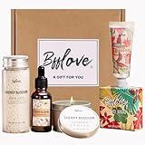 Gifts for Women BFFLOVE Gift Set for Women 5pcs Cherry Blossom Spa Set, Birthday Gifts for Her with Massage Oil, Scented Candle, Bath Salts, Hand Cream