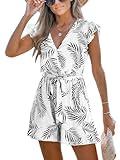 CUPSHE Women's Romper Tropical Flutter Sleeve Boho Overall V Neck Wide Leg Outfit Casual Beach White/Black Leaves M