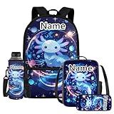 WELLFLYHOM Axolotl Custom Girls Backpack Set 6-8 Planet and Stars Kids School Book Bag Lunch Box Pencil Case Water Bottle Sleeve Elementary Daycare Bag for School Back to School Gift