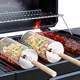 Ivtivfu Rolling Grill Baskets (2PCS), Removable Wooden Handle, 304 Stainless Steel, Nesting Grilling Net, BBQ Accessories Tools for Vegetable Shrimp, Outdoor Cooking Camping, Birthday Gifts for Men Dad Husband