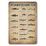 Fishing Wall Decor Rustic Cabin Hunting Fishing Signs Lake House Decor For Home Kitchen Fish Art Wall Decor Freshwater Game Fish Tin Sign Vintage Fish Knowledge Metal Signs Outside Fishing Decorations