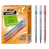 BIC Round Stic Xtra Life Assorted Ink Ballpoint Pens, Medium Point (1.0mm), 60-Count Pack of Bulk Pens, Flexible Round Barrel for Comfortable Writing, No. 1 Selling Ballpoint Pens