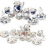 Geiserailie 2 Set 1:12 Dollhouse Miniature Porcelain Tea Cup 30 Pieces Mini Flowers Pattern with Golden Trim Teapot Cup Plate Dollhouse Kitchen Accessories (Charming Style)