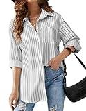HOTOUCH Womens Black Striped Blouses 2024 Long Sleeve V Neck Button Up Shirts Oversized Turn-Down Collar Tunic Top