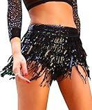 Yollmart Women's Sequins Tassel Skirts Shorts Booty Dance Festival Bottoms (US, Alpha, Small, Regular, Regular, Black)