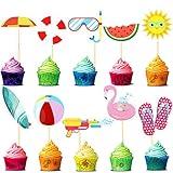 Epakh 100 Pcs Summer Beach Cupcake Toppers Pool Party Hawaiian Theme Cake Picks with Beach Ball Sun Umbrella Goggles Cake Decorations for Birthday Tropical Luau Party Supplies(Beach Style)