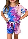 Dokotoo Girls Summer Casual Cute T-Shirt Shorts Set Outfits Short Sleeve Tops Tee Shirts Clothes Crew Neck Tie Dye Stretchy Shorts Fashion Clothing with Side Pockets Size 8-9 Purple, Big Kid
