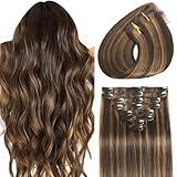 Clip in Hair Extensions Real Human Hair Seamless Balayage Human Clip ins Extensions for Women Invisible Straight 8Pcs Double Weft Dark Brown Highlight Chestnut Brown 16inch 90g