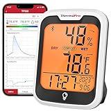 ThermoPro TP358 Bluetooth Thermometer for Room Temperature with Built-in Clock, Smart Temperature Sensor and Humidity Meter with Backlit, 260Ft Hygrometer Indoor Thermometer with Data Storage Export