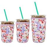 Reusable Iced Coffee Insulator Sleeve for Cold Beverages and Neoprene Cold Coffee Cup Sleeves Cooler Cover 16-32OZ for Coffee Cups, McDonalds, Dunkin Donuts, More (Flower Red)