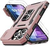 DEERLAMN Case for iPhone 16 Pro with Slide Camera Cover+Screen Protector(2 Packs), Rotated Ring Kickstand Military Grade Shockproof Protective Cover-Rose Gold