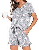 PrinStory Womens Pajamas Set Soft Lounge Sets Short Sleeve Pjs Shorts Set Prints Sleepwear with Pockets