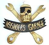 LG 12 inch Hand Carved Wood Pirate Skull Cross Bone With Wrenches"ASSHOLE'S GARAGE" Sign Plaque Wall Art Decor