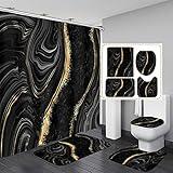 Nkzply 4 Pcs Black Marble Shower Curtain Sets with Rugs Gold Bathroom Sets with Shower Curtain and Rugs Modern Abstract Bathroom Decor Accessories Shower Curtains for Bathroom Toilet Lid Cover