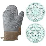 Domonic Home Oven Mitts and Pot Holders Sets, Silicone Oven Mitts Heat Resistant 600F, Oven Mitt Set Soft Lining Good Grip, Oven Gloves and Trivet Mats 4 Piece Set, Blue