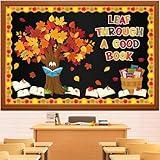 Kepeel Fall Reading Bulletin Board Set Autumn Thanksgiving Fall Tree Bulletin Board Classroom Decoration Fall Maple Leaves Tree Book Cutouts Home Window Wall Party Decor for Teacher(Leaf Through A Good Book)