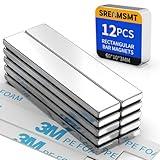 SRENMSMT Powerful Neodymium Bar Magnets, 12 Pack Rare Earth Magnets, Heavy Duty Magnets, Rectangular Magnets, Small Magnets Strong for Fridge, DIY, Garage, Kitchen, Science, Craft, Office-60x10x3mm