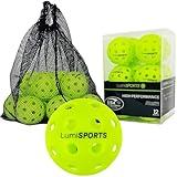 Lumi SPORTS 12-Pack Premium Outdoor Pickleball Balls | 40 Holes Fluorescent Green Balls | All-Surface Play | Crack-Resistance | Convenient Drawstring Mesh Bag | USAPA Official Size and Weight