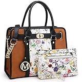MARCO M KELLY Purses and Handbags for Women Top Handle Satchel with Wallet Shoulder Bags Two Tone 2pcs (White Flower/Brown)