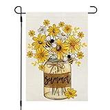 CROWNED BEAUTY Summer Garden Flag Sunflower Mason Jar Double Sided 12x18 Inches Small Burlap Seasonal Welcome Yard Decoration for Outside Porch CF1812-12
