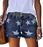 SANMM Shorts for Women Casual Stretchy Denim Jean Shorts Elastic Waist Folded Hem Star Print Dress Short for Summer(Navy,S)