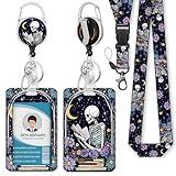 Piefly Lanyards for Id Badges, Funny Badge Holder with Retractable Badge Reel Clip, Skull Skeleton Reading Book Card Name Tag Lanyard Vertical ID Card Protector for Women Nurse Doctor Teacher Student
