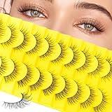 FADLASH Wispy Lashes Natural False Eyelashes 𝟏𝟎 𝐏𝐚𝐢𝐫𝐬 Cat Eye Lashes Wispy Strip Lashes with Black Thin Band D Curl Soft Fake Lashes