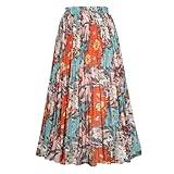 OBBUE Women's Chiffon Pleated Skirts Elastic High Waist A-line Midi Skirts for Casual Party Holiday Red Orange Flower L