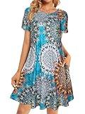 Boho Dresses for Women Summer Spring Sun Beach Tshirt Tie Dye Short Sleeves with Pocket(Bohemian Blue,L)