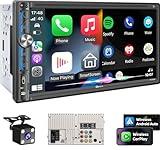 PLZ 7" Wireless Double Din Car Stereo Apple Carplay Radio Screen for Car Audio Receivers, Bluetooth 5.3 Car Play Android Auto Touchscreen, 240W 4.2 CHN 2 Subwoofers Outputs, Backup Camera, SWC, FM/AM