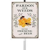 Pardon the Weeds We're Feeding The Bees Yard Sign with Stakes Do Not Mow Do Not Spray Aluminum Lawn Sign Stand for Yard Garden Pollinator Wildflower Save Bee Habitat Sign Outdoor Decorations