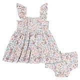 Modern Moments by Gerber Baby Girl's 2-Piece Ruffle Sleeve Dress W/Smocking & Diaper Cover Set, Ivory Garden