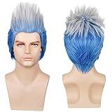 LABEAUTÉ Max Beauty Short Curly Cosplay Wig Men Adult Ombre Blue and White Anime Wig for Halloween + Free Cap