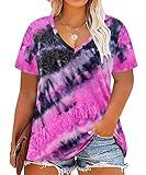 RITERA Plus Size Tops for Women V Neck Tie Dye Shirts Summer Short Sleeve Tunic Oversized Henley Shirt Xl-5Xl