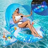 Pool Lounger Float with Canopy UPF50+: LED Light Up Pools Floatie, Inflatable Pool Lounge, Large Tanning Floaties, Water Floats for Adults Kids Swim Toys with Cup Holder & Backrest, Footrest