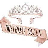 CAVETEE Birthday Crown and Sash for Women - Rose Gold Rhinestone Tiara Set and Sash for Decorations